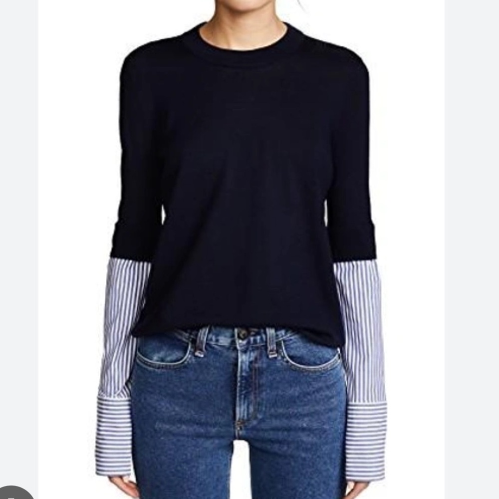 Veronica Beard Roscoe Merino Wool Navy Sweater with Striped Sleeves. Size Small.